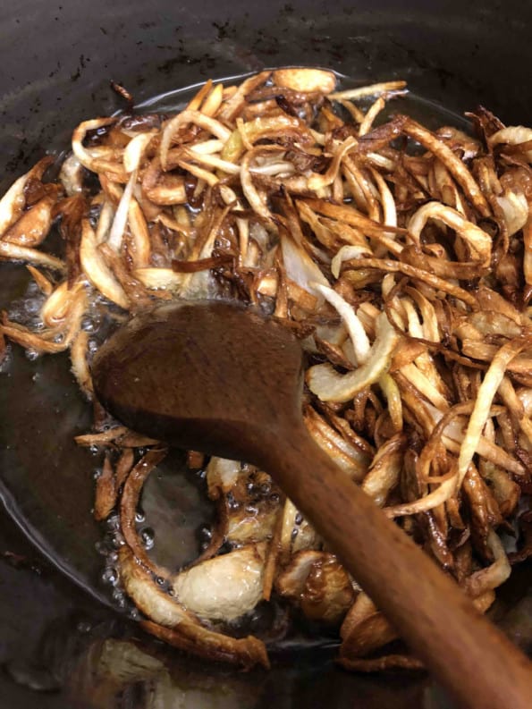 Browned onions in pot