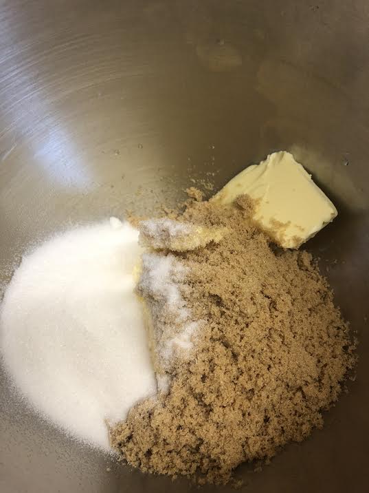 Butter and sugars in bowl of stand mixer
