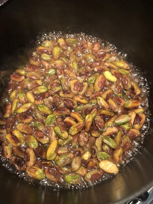 Sugar, Water and Pistachios in pan