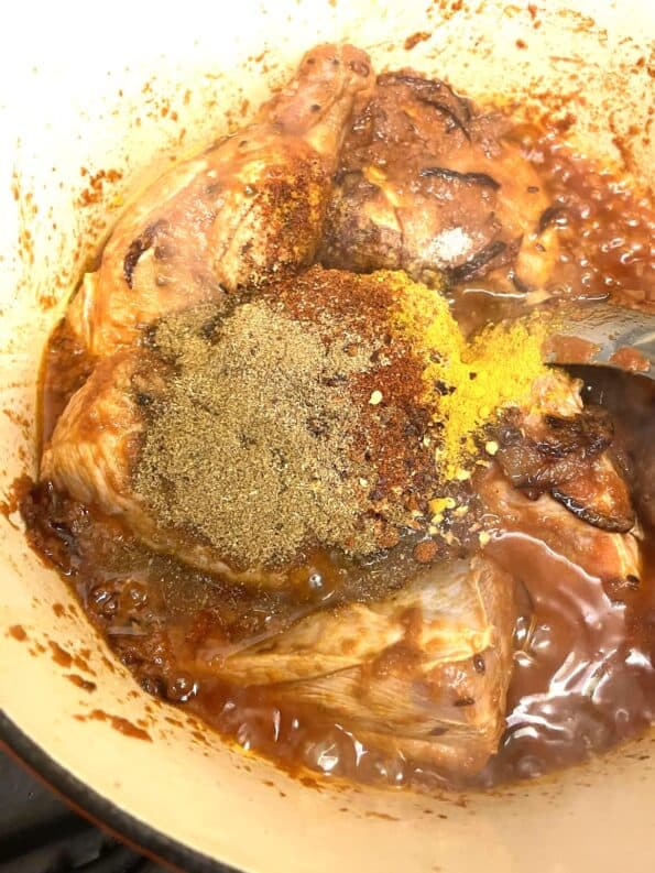 Meat and Spices added to pot