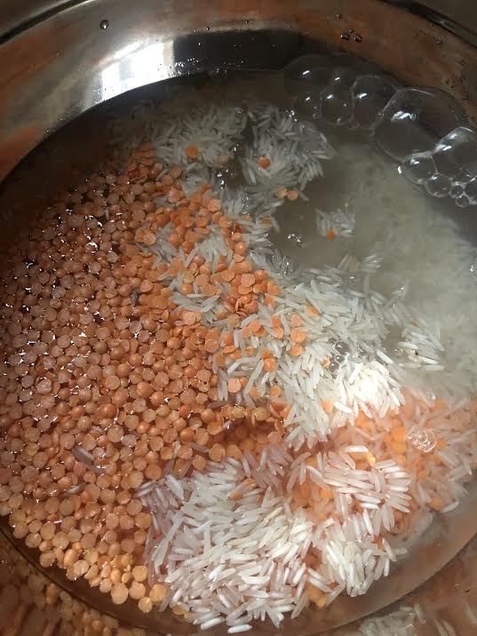 Rice and lentils soaking in a bowl
