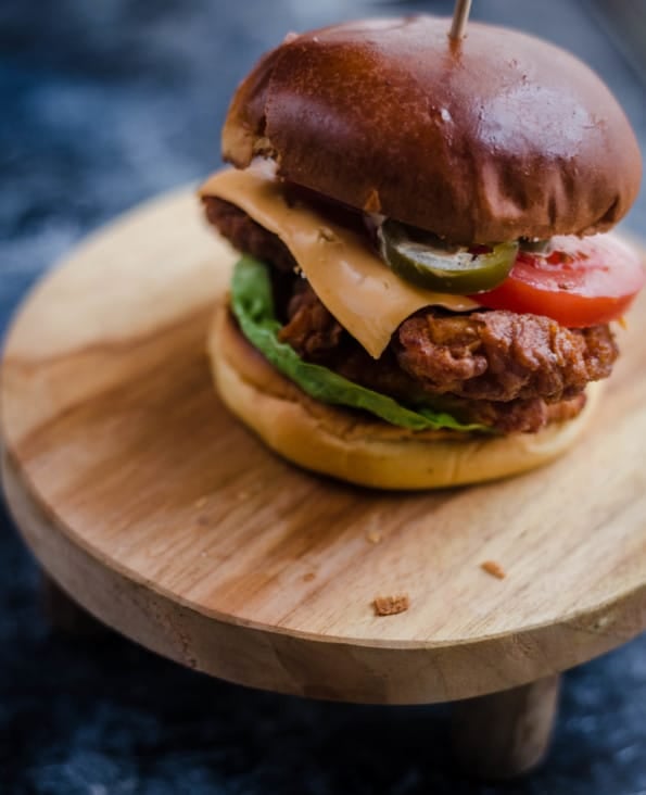 Buttermilk Chicken Burger on a small stool