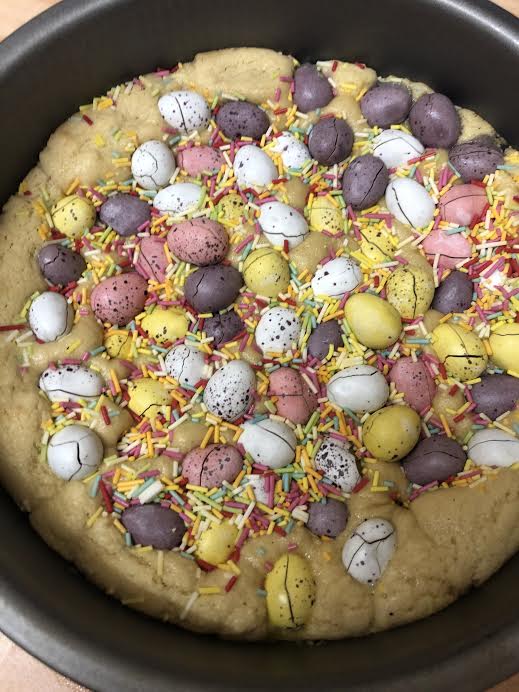 Baked Mini Egg Cookie Dough in a tin