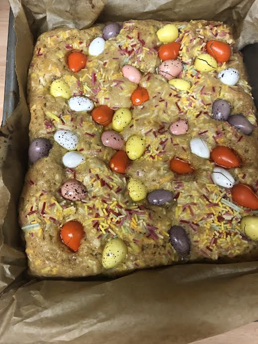 par cooke blondies with sprinkles and mini eggs on top