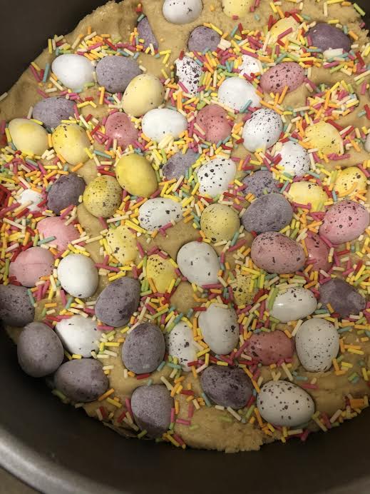 Cookie Dough with Mini Eggs and Sprinkles all over top
