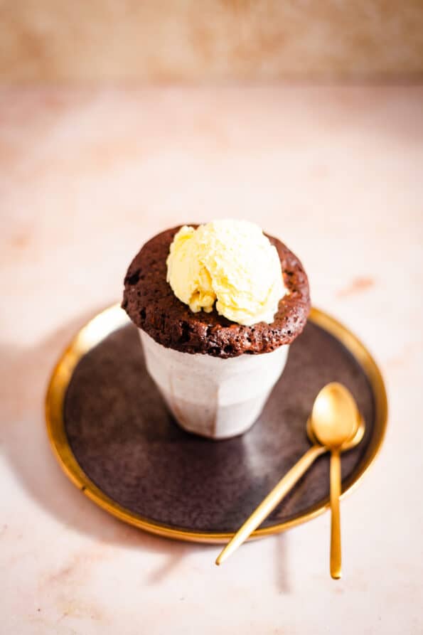 Hot chocolate Mug cake with ice cream scoop on top