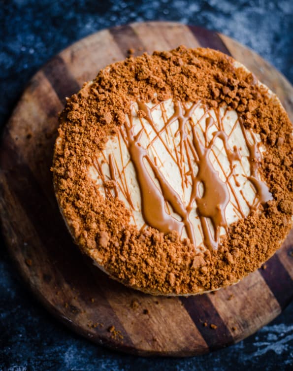 Lotus Biscoff Cheesecake on a wooden board 