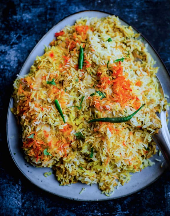 Hyderabadi Chicken Biryani in a plate