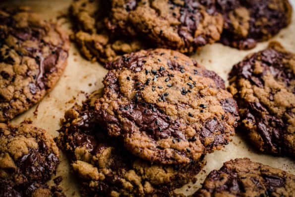 Tahini Chocolate Chip Cookies on a baking tray 