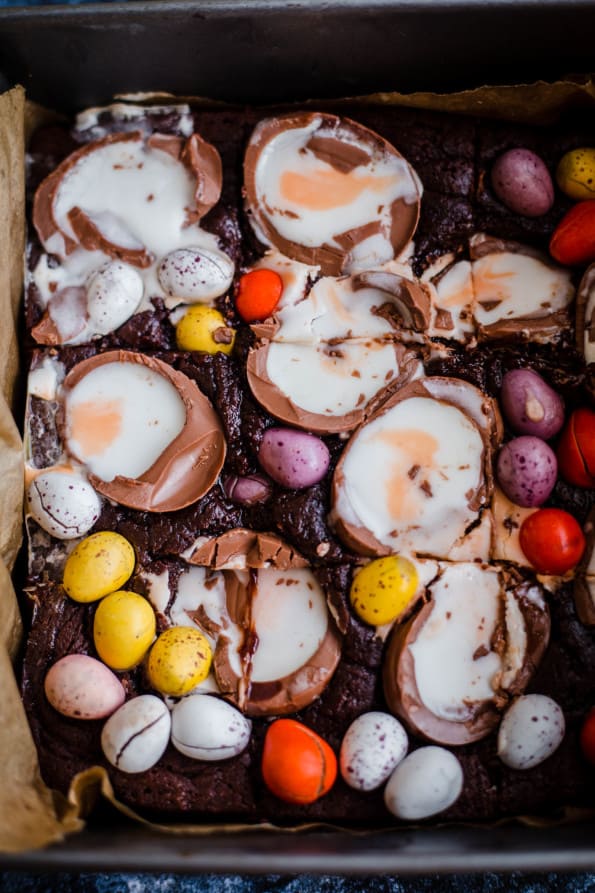 Brownies with easter eggs on top in a tin