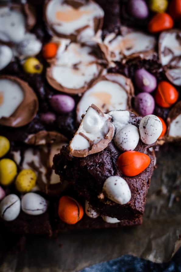 Brownies with creme eggs and min eggs all over the surface