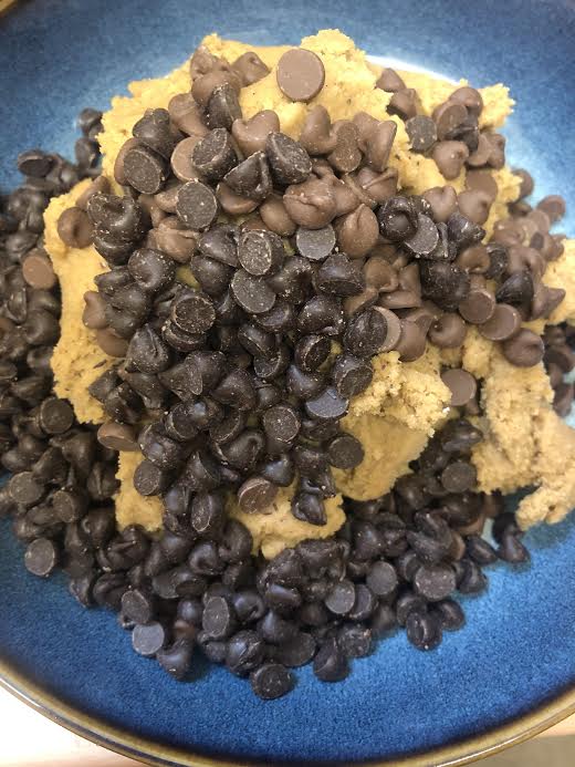 Cookie dough and choc chips in a bowl