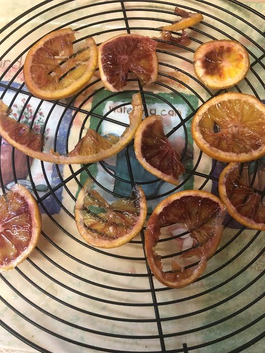 Candied Blood Oranges on wire rack