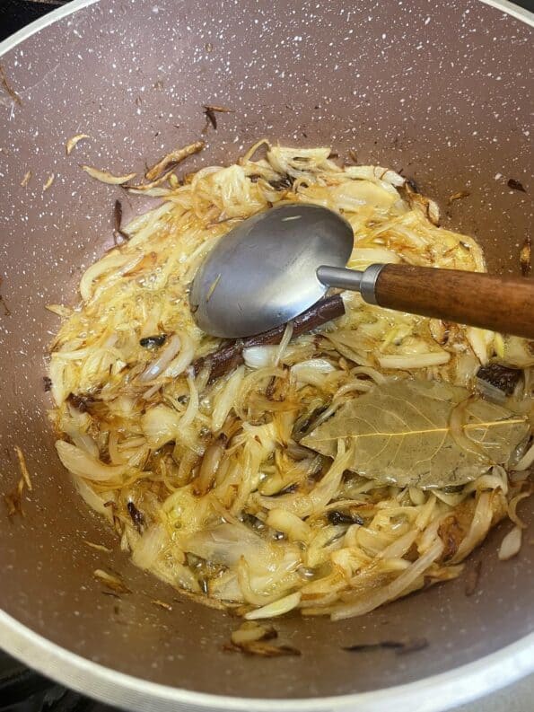 Golden brown Onions in pot