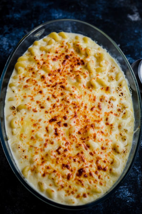 Baked Mac and Cheese in a clear oval dish