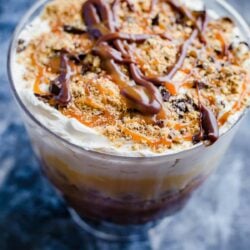 Banoffee Trifle in a glass trifle bowl showing layers