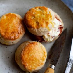 3 scones on a plate with jam and clotted cream