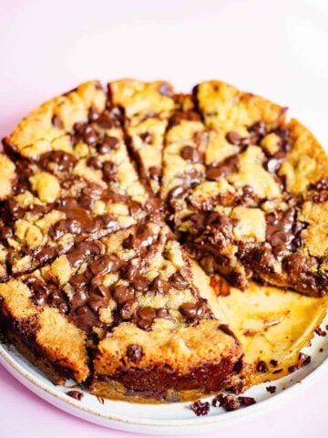 Nutella choc chip cookie dough on a plate cut into slices