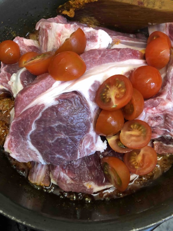 Lamb Chops and Cherry Tomatoes added to pot