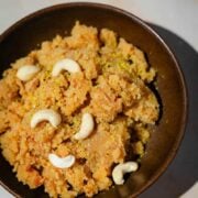 Soji Halva in bowl topped with Nuts