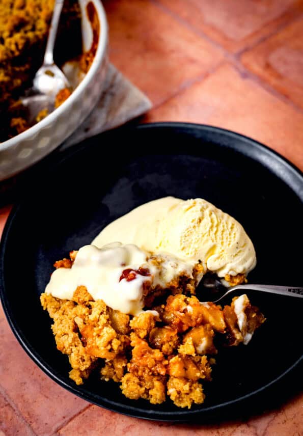 Apple Crumble and Custard in a plate