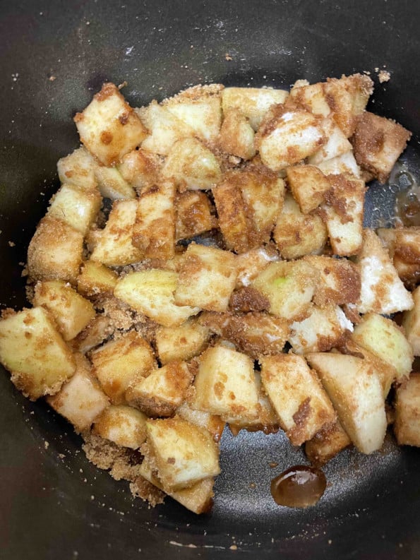 Apples mixed with Spices, Flour, Lemon Juice and Sugar in a bowl