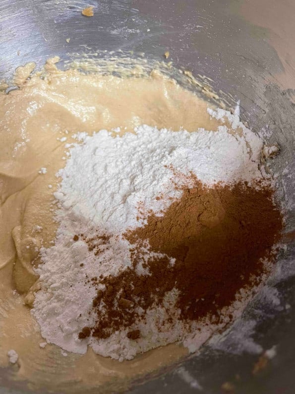 Flour and Cinnamon added to batter in processor