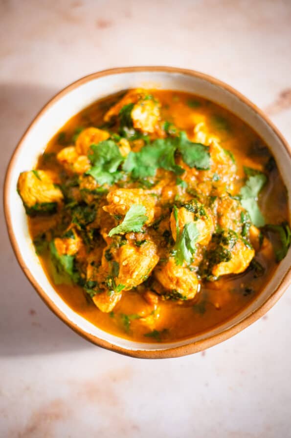 Chicken and Spinach curry in a bowl