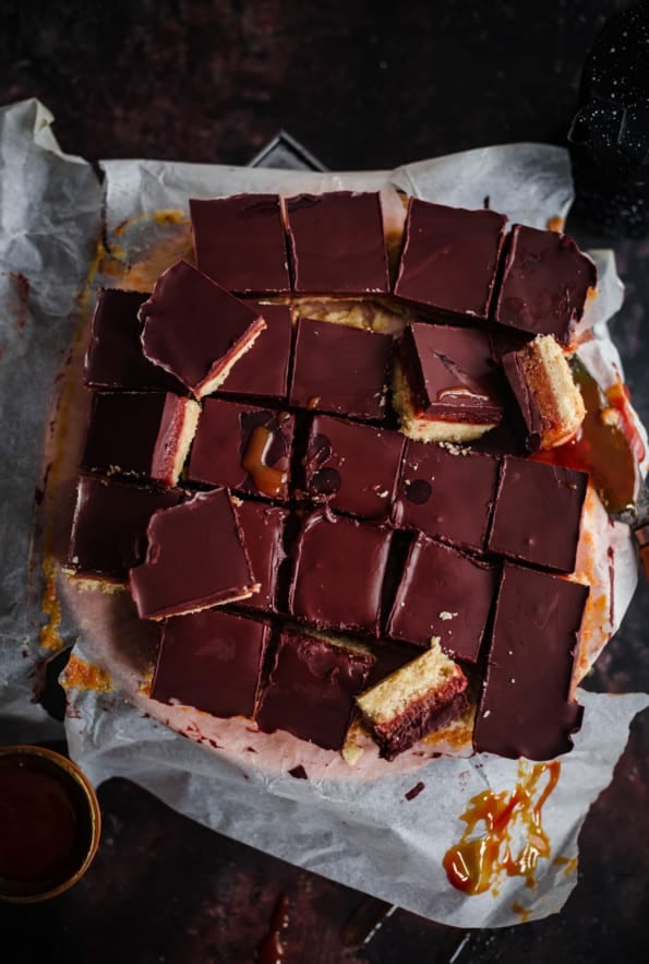 Millionaire Shortbread in squares on baking paper 