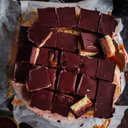Millionaire Shortbread in squares on baking paper