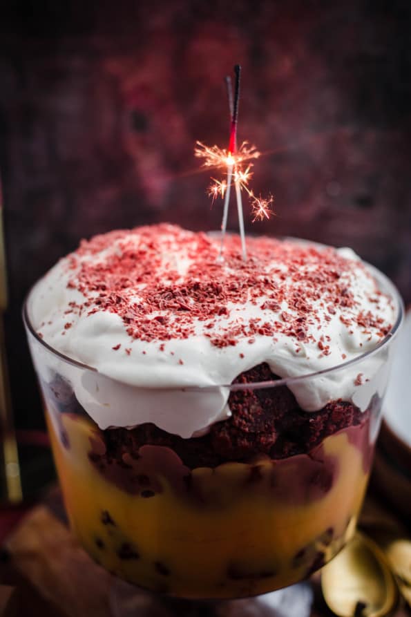 Brownie Trifle with 2 sparklers in the dish