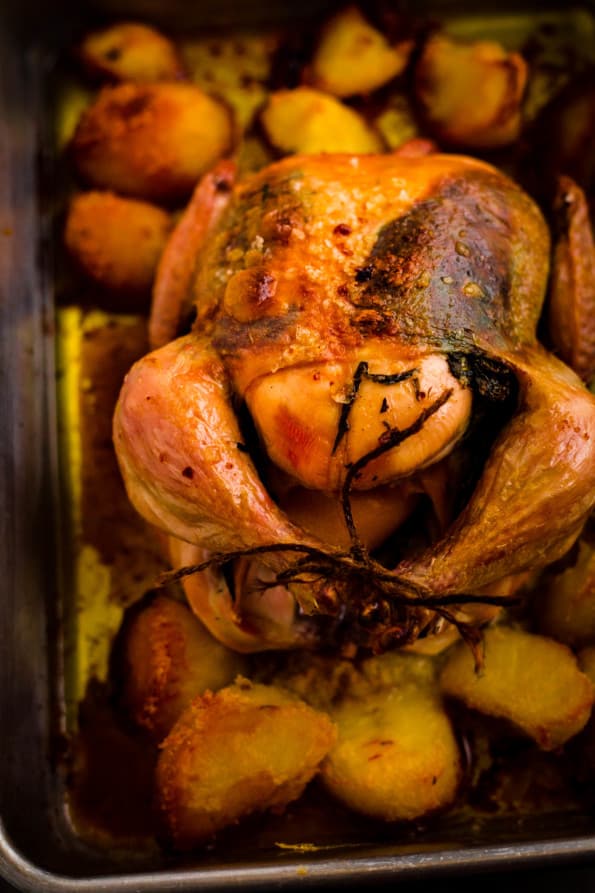 Roast Chicken and roast potatoes in a tin