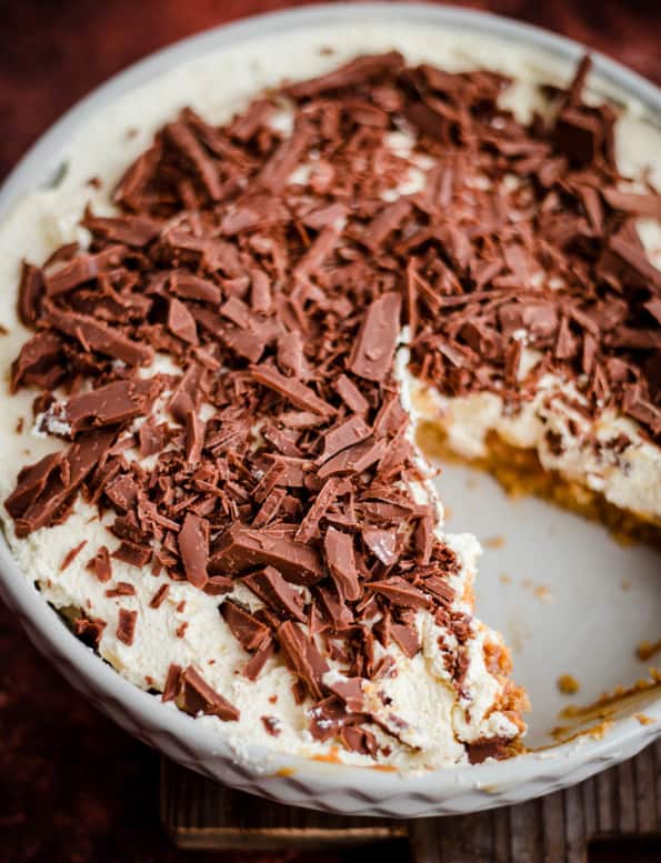 Banoffee Pie in a dish with chocolate on top