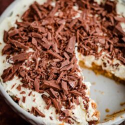 Banoffee Pie in a dish with chocolate on top