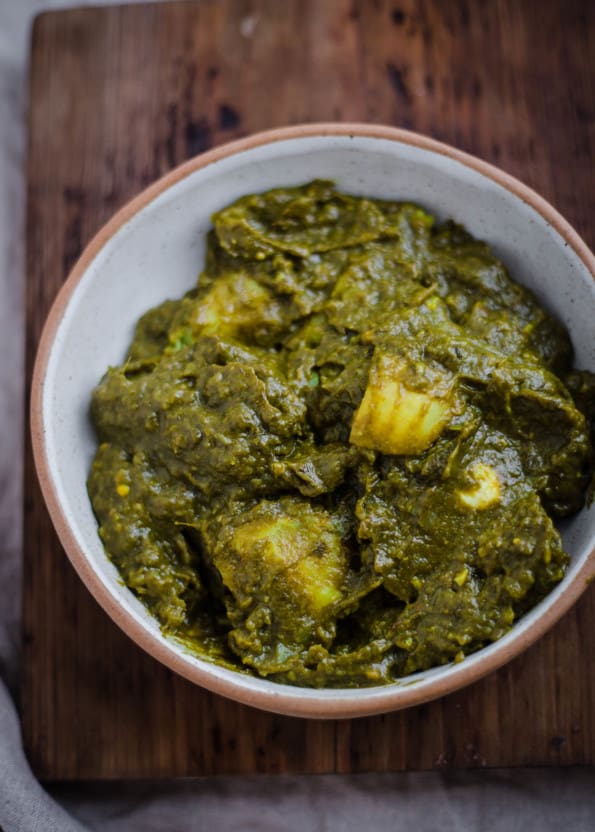 More watery Aloo Palak in a bowl