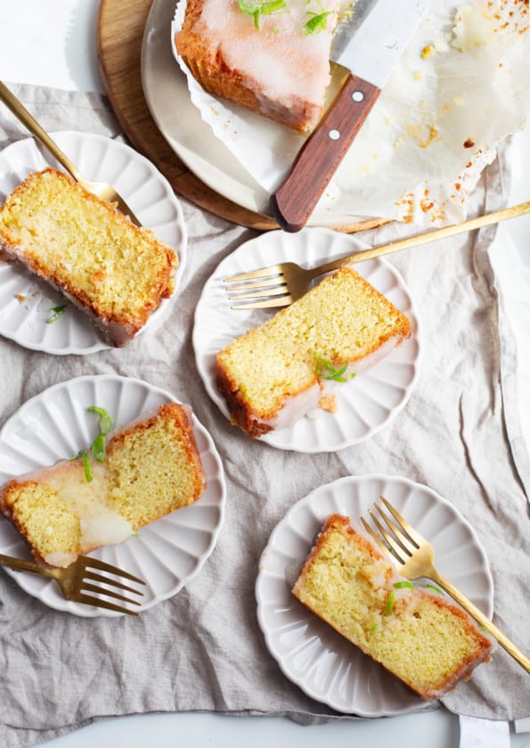 4 slices of Lime Drizzle Cake slices in plates 
