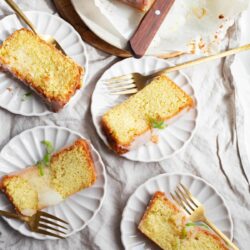 4 slices of Lime Drizzle Cake slices in plates