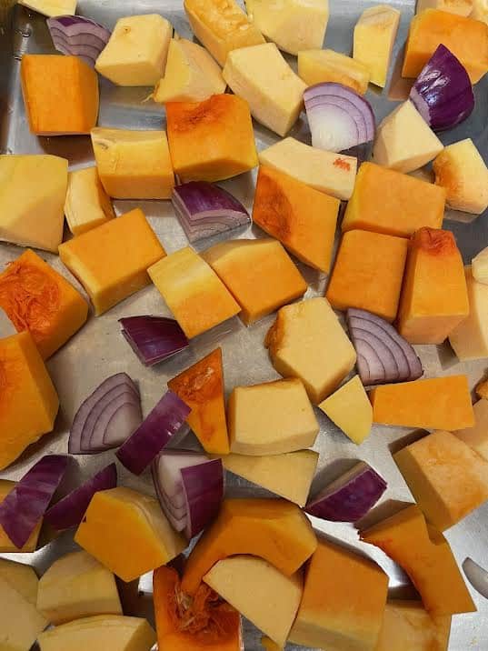 Pumpkin and Onion in oven tray 
