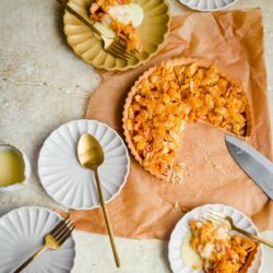 Cornflake Tart with serving plates and spoons