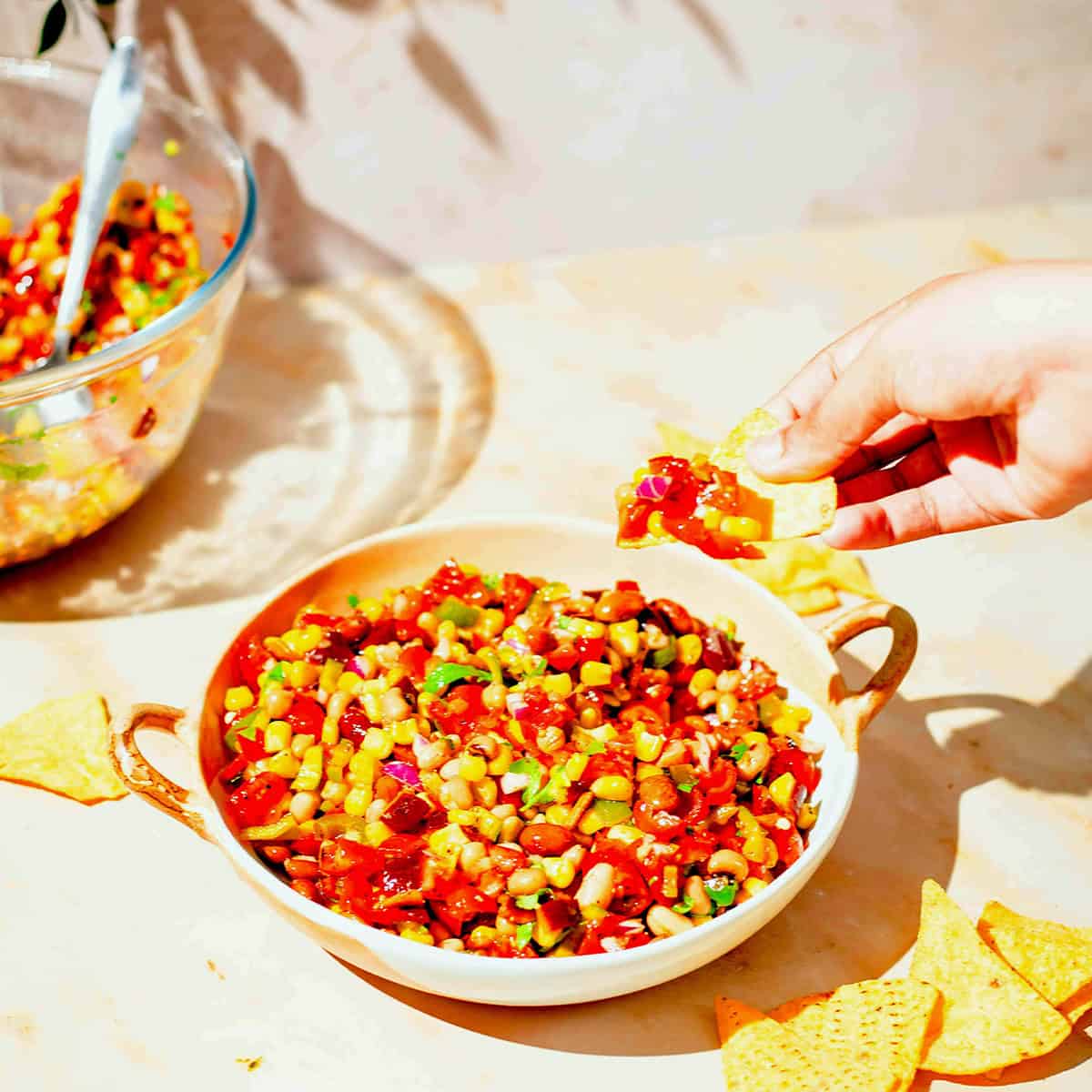 The best Texas Cowboy Caviar Salad Cowboy cavaiar salad in bowl with tortilla chips