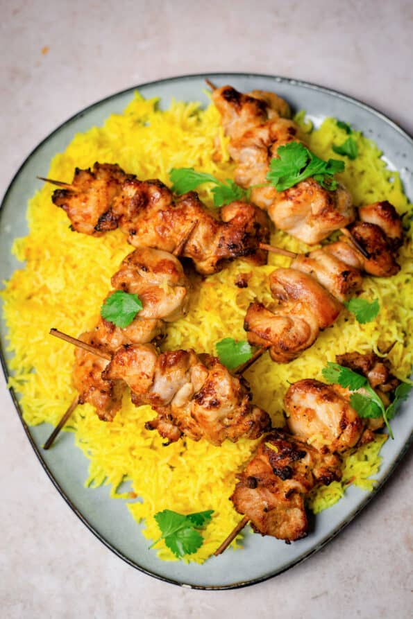 Oven baked Chicken Kebabs with Yellow Rice