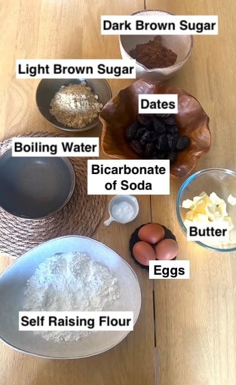 The BEST Sticky Toffee Pudding Tray Bake Cake ingredients on table