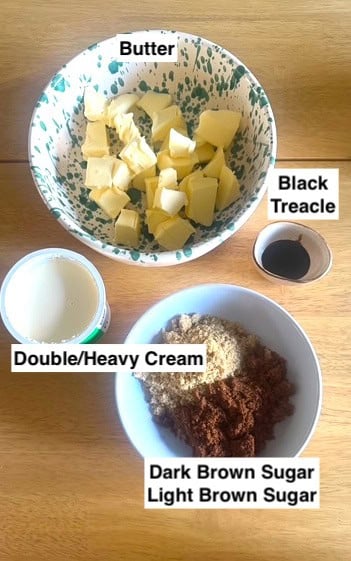 The BEST Sticky Toffee Pudding Tray Bake Toffee sauce ingredients on table