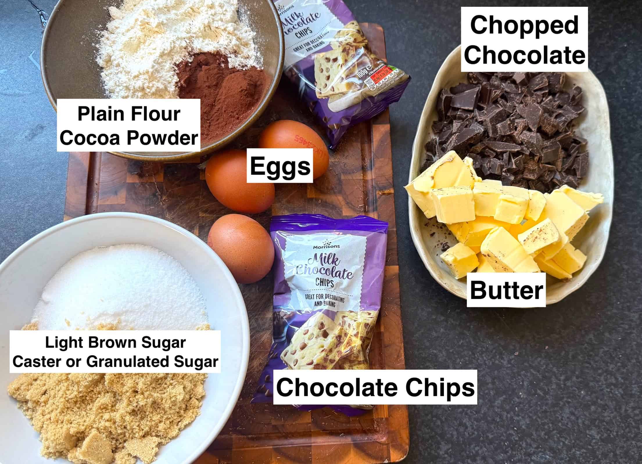 Fudgy Triple Chocolate Brownies (Best Ever) Brownie ingredients on table