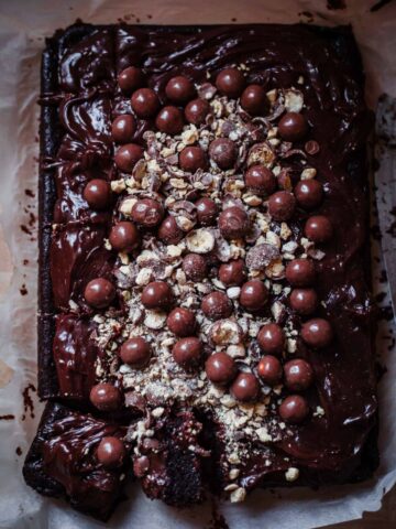 Malteser Cake with Ganache and crushed Maltesers on top