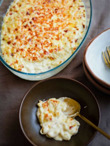 Easiest and BEST Chick-Fil-A Mac and Cheese in a bowl and large dish