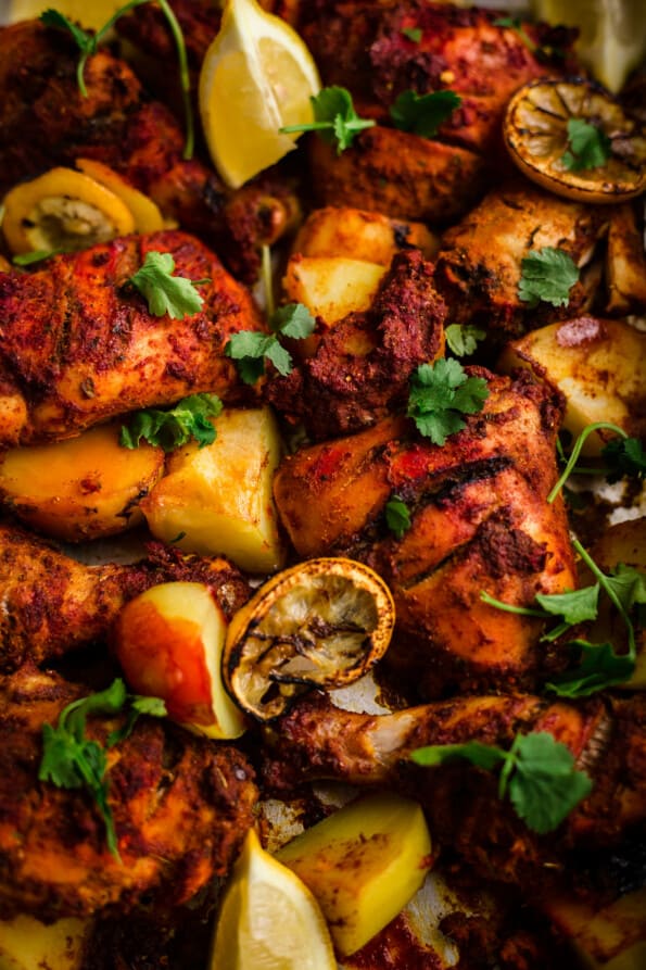 Tandoori Chicken and Potatoes in a tray
