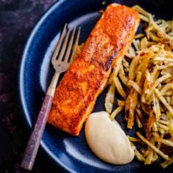 Salmon, Shoe string fries and Mayonnaise in a plate