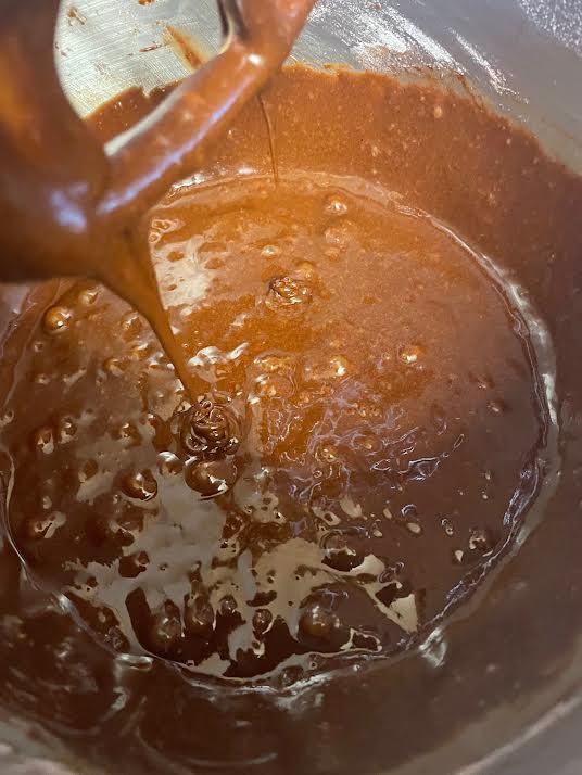 Chocolate brownie batter in stand mixer