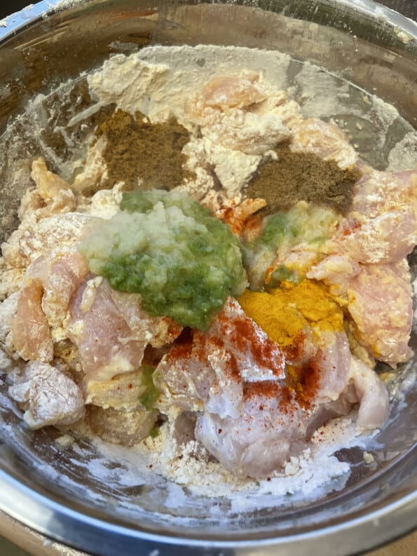 Green Chilli added to chicken bowl
